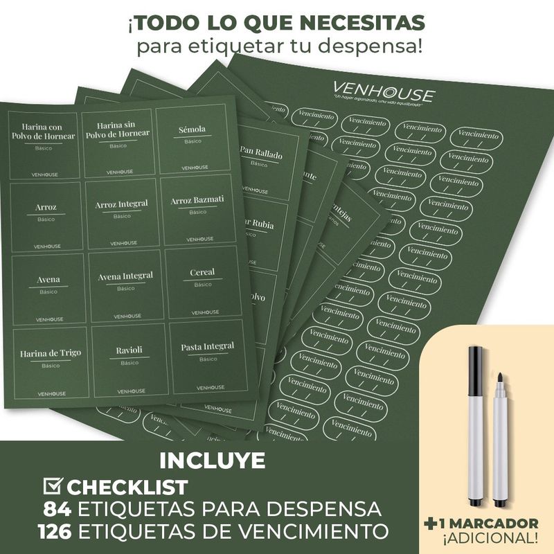 GENERICO - 4 Contenedor Hermético Despensa Vidrio Bambú 2200ml Etiqueta Verde