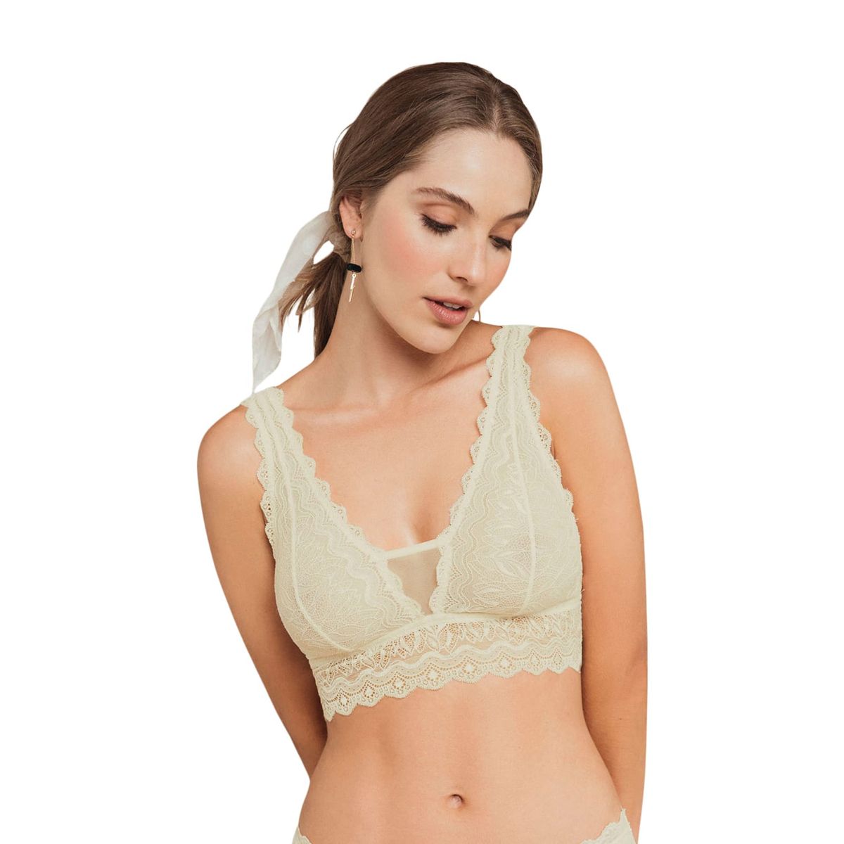 LEONISA - Bralette triangular en tul y encaje elástico en base del busto 011971 Marfil