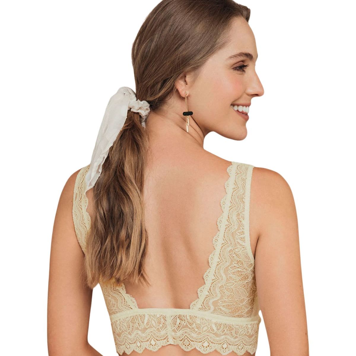 LEONISA - Bralette triangular en tul y encaje elástico en base del busto 011971 Marfil