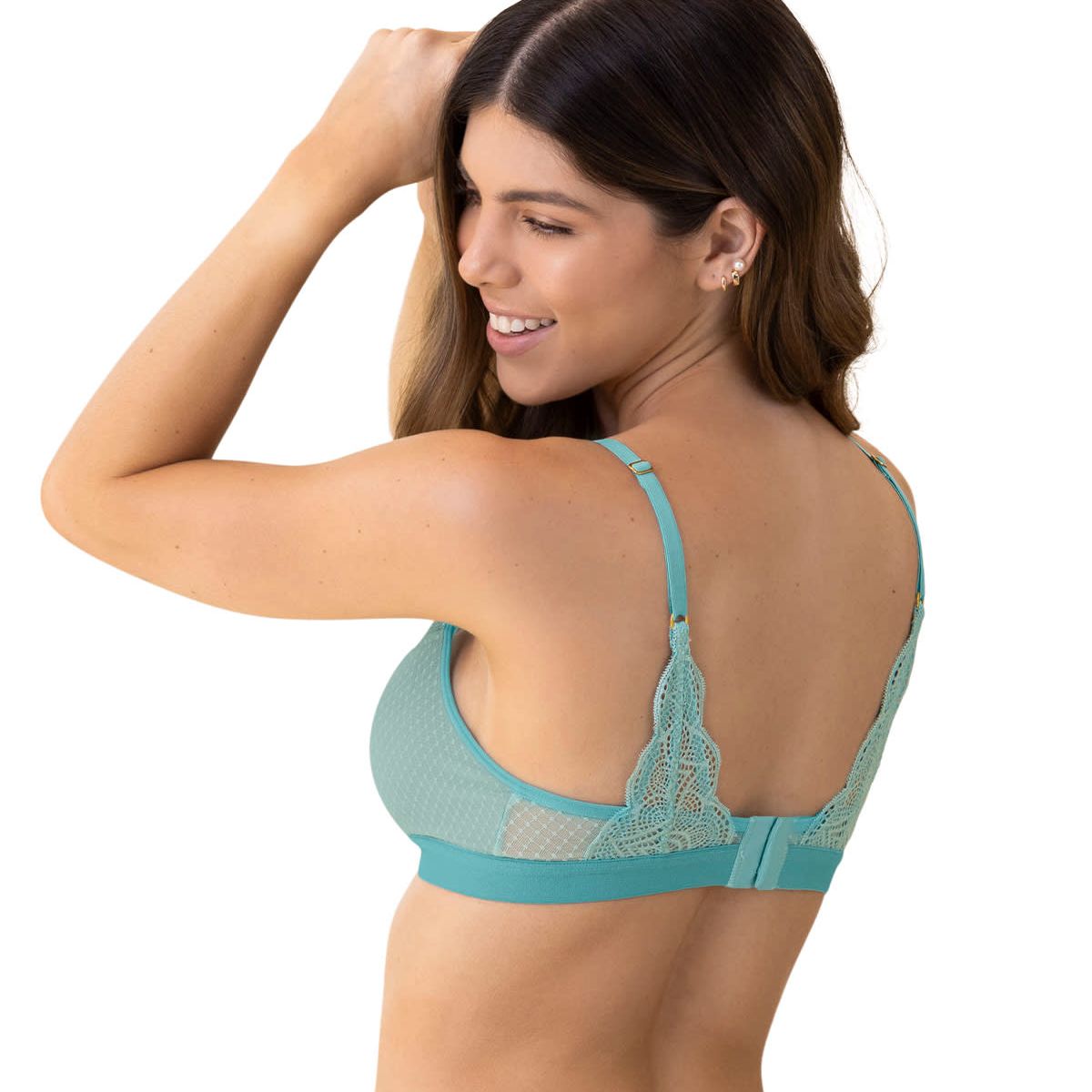 LEONISA - Bralette triangular en encaje y tul con detalle de ojal en escote 091025 Azul