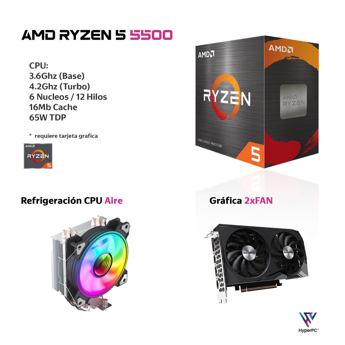 HYPERPC - PC GAMER Blanco AMD RYZEN 5 5500 32Gb 1Tb RTX 3050 WiFi