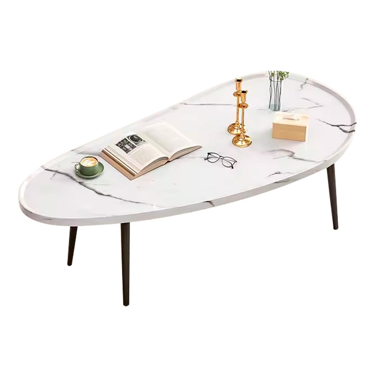 GLOBAL LATIN GROUP - Mesa Centro Ovalada Madera y Metal Estilo Moderno - Blanco