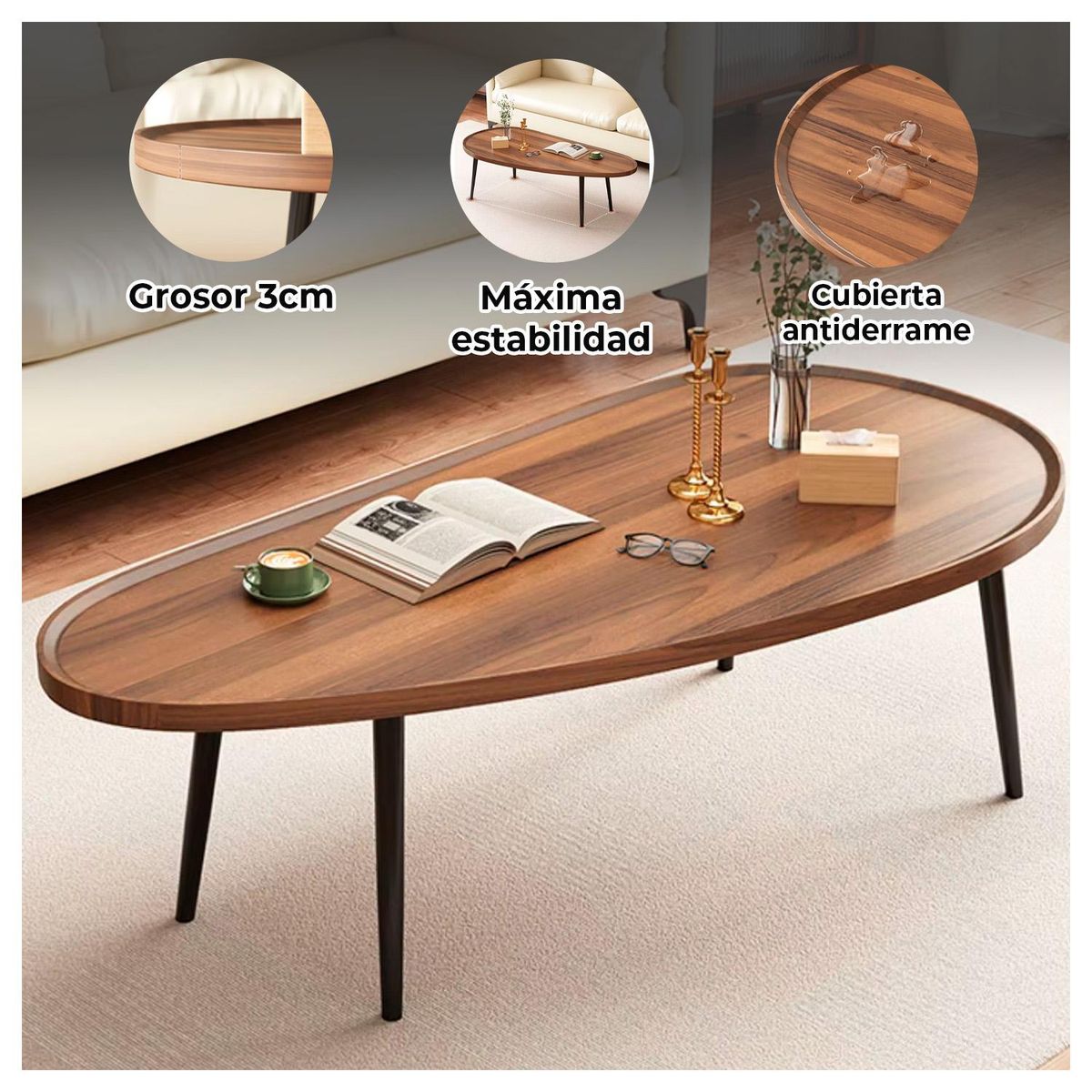 GLOBAL LATIN GROUP - Mesa Centro Ovalada Madera y Metal Estilo Moderno - Negro