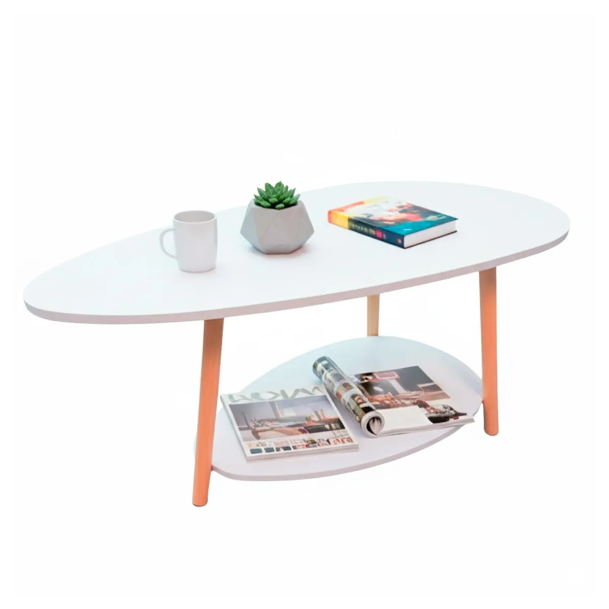 GLOBAL LATIN GROUP - Mesa de Centro Ovalada Moderna Minimalista con Almacenamiento - Blanco