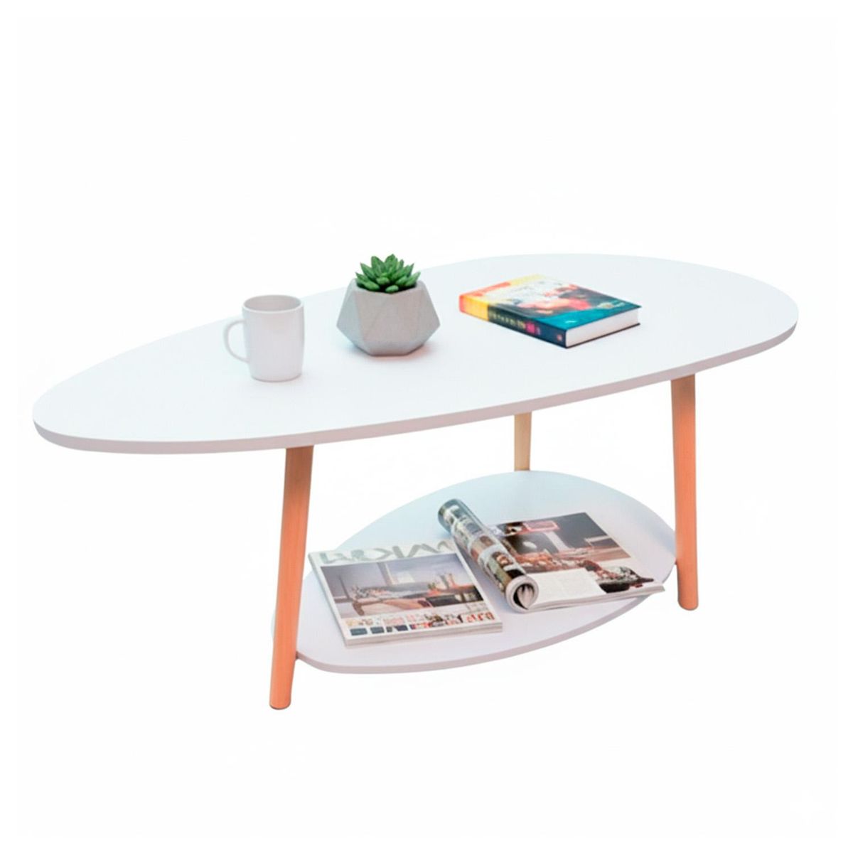 GLOBAL LATIN GROUP - Mesa de Centro Ovalada Moderna Minimalista con Almacenamiento - Blanco