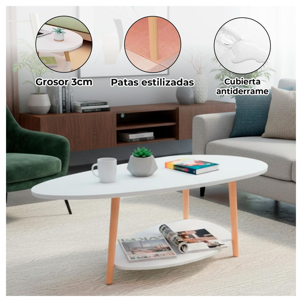 GLOBAL LATIN GROUP - Mesa de Centro Ovalada Moderna Minimalista con Almacenamiento - Blanco