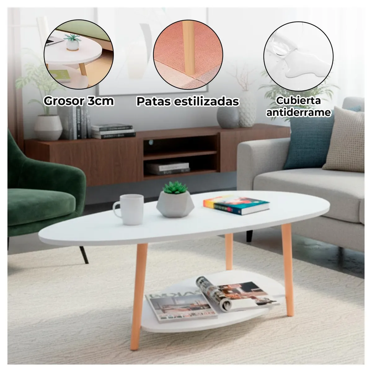 GLOBAL LATIN GROUP - Mesa de Centro Ovalada Moderna Minimalista con Almacenamiento - Negro