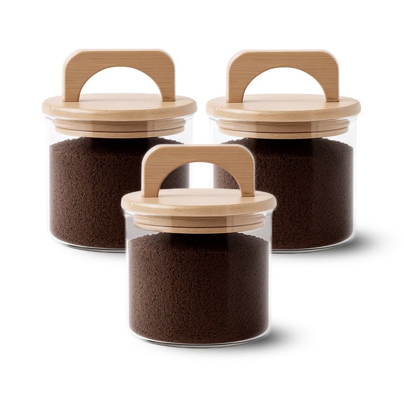 GENERICO - Pack 3 Contenedores Herméticos Vidrio Tapa Asa Bambú 650ml
