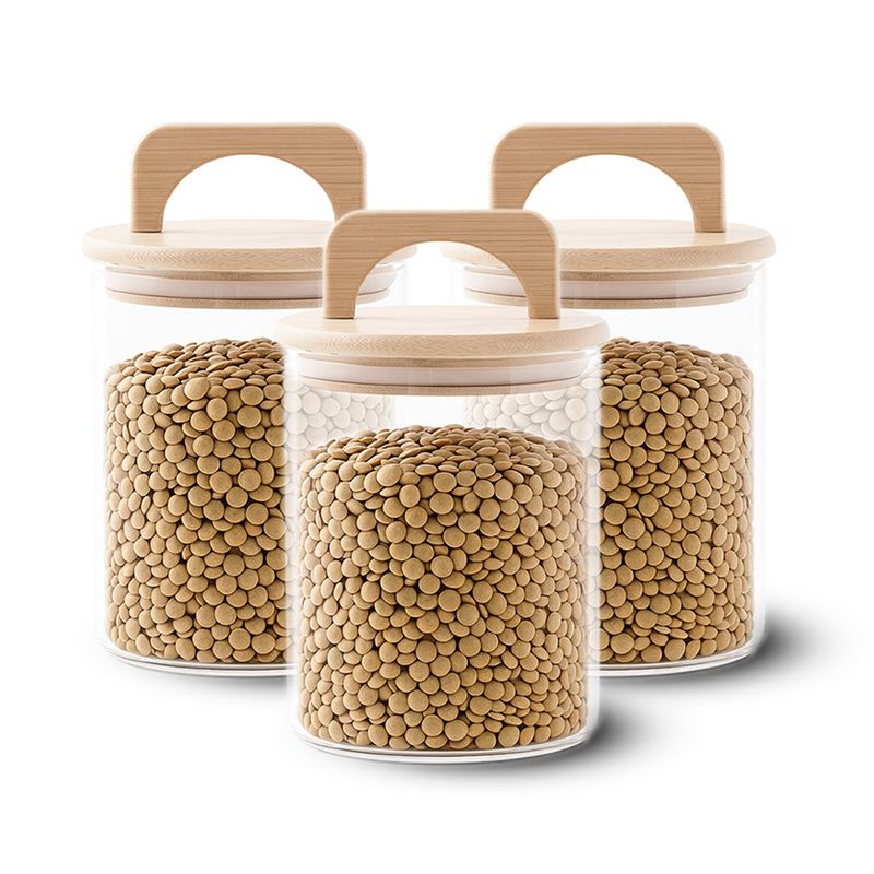 GENERICO - Pack 3 Contenedores Herméticos Vidrio Tapa Asa Bambú 800ml