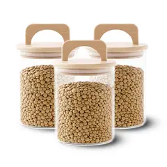 GENERICO - Pack 3 Contenedores Herméticos Vidrio Tapa Asa Bambú 800ml