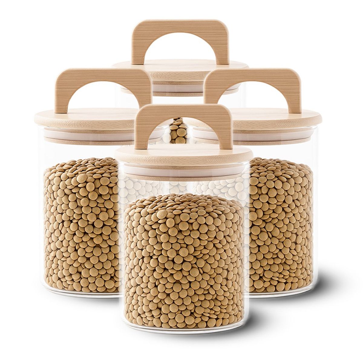 GENERICO - Pack 4 Contenedores Herméticos Vidrio Tapa Asa Bambú 800ml