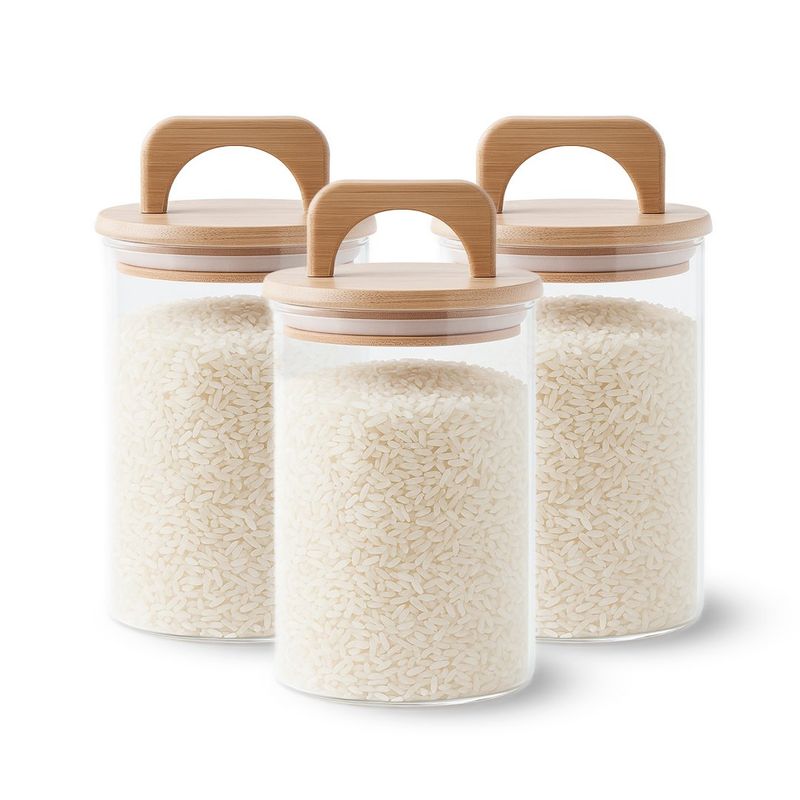 GENERICO - Pack 3 Contenedores Herméticos Vidrio Tapa Asa Bambú 1000ml