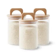 GENERICO - Pack 3 Contenedores Herméticos Vidrio Tapa Asa Bambú 1000ml