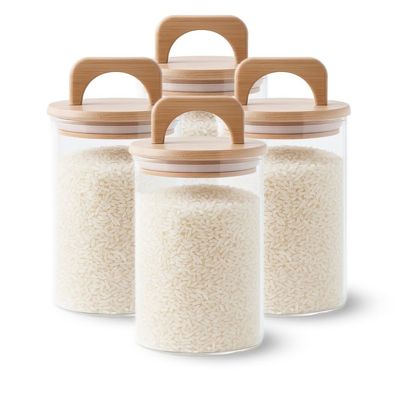 GENERICO - Pack 4 Contenedores Herméticos Vidrio Tapa Asa Bambú 1000ml