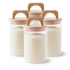 GENERICO - Pack 4 Contenedores Herméticos Vidrio Tapa Asa Bambú 1000ml