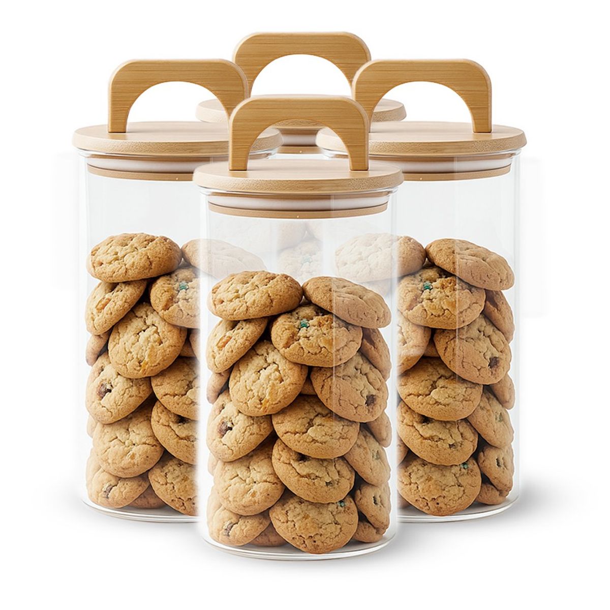 GENERICO - Pack 4 Contenedores Herméticos Vidrio Tapa Asa Bambú 1400ml