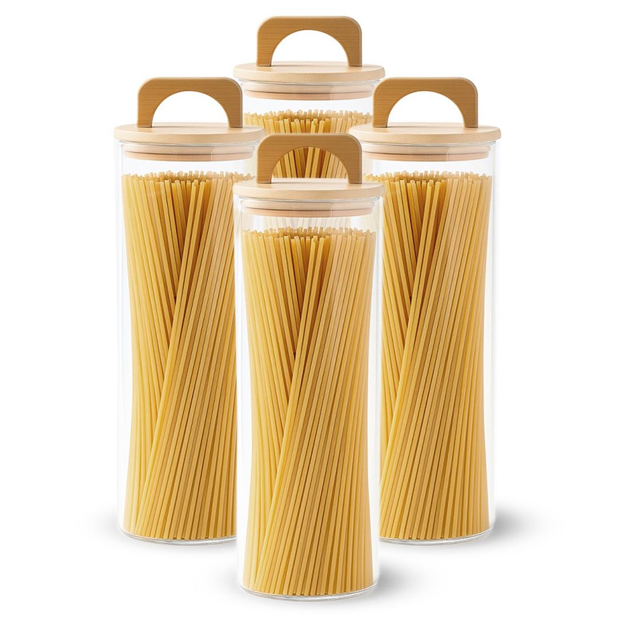 GENERICO - Pack 4 Contenedores Herméticos Vidrio Tapa Asa Bambú 2200ml