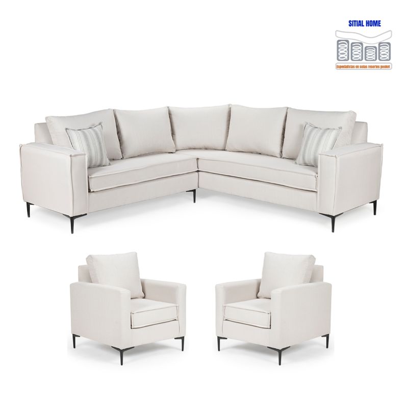 SITIAL HOME - LIVING 311 ZANZIBAR BLANCO BONE SECCIONAL Y DOS POLTRONAS RESORTES