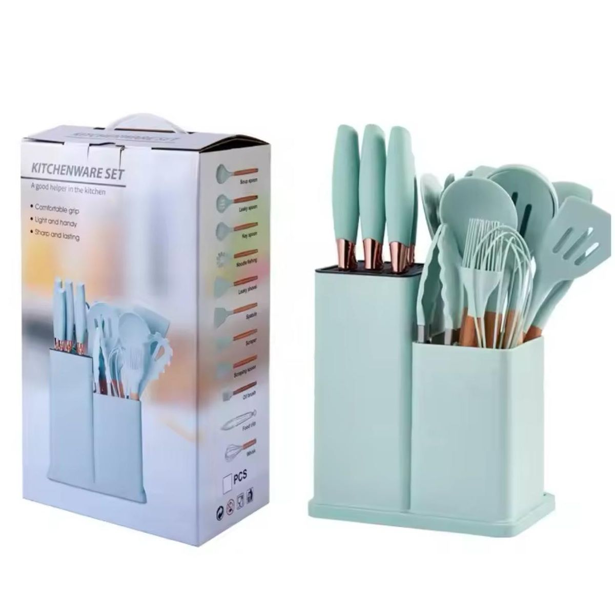 GENERICO - Set De Cocina De Utensilios De Silicona 19Pcs + Tabla Verde Claro