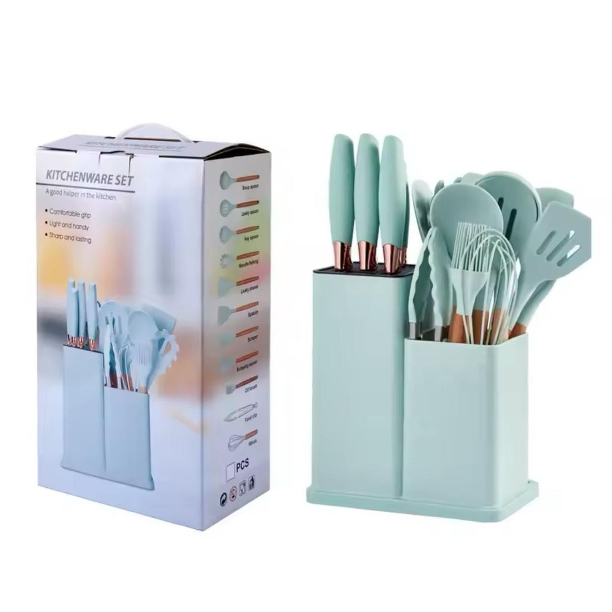 GENERICO - Set De Cocina De Utensilios De Silicona 19Pcs + Tabla Verde Claro