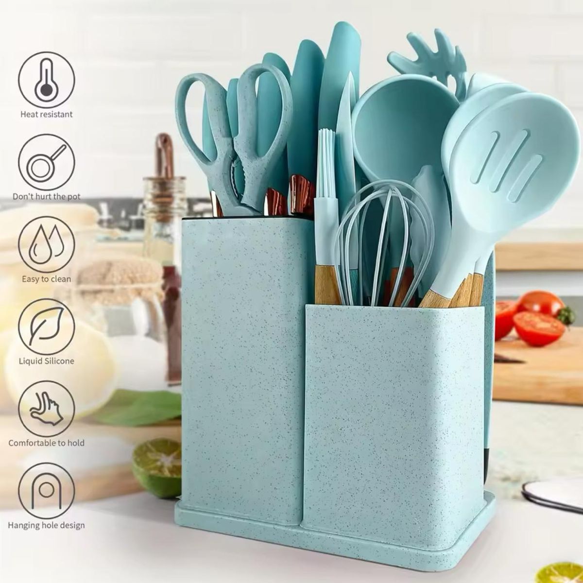 GENERICO - Set De Cocina De Utensilios De Silicona 19Pcs + Tabla Verde Claro