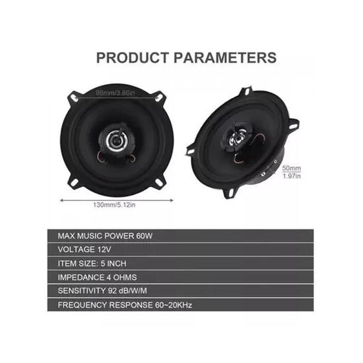 GENERICO - Parlante auto 13cm redondo 60W coaxial 2 vías color negro