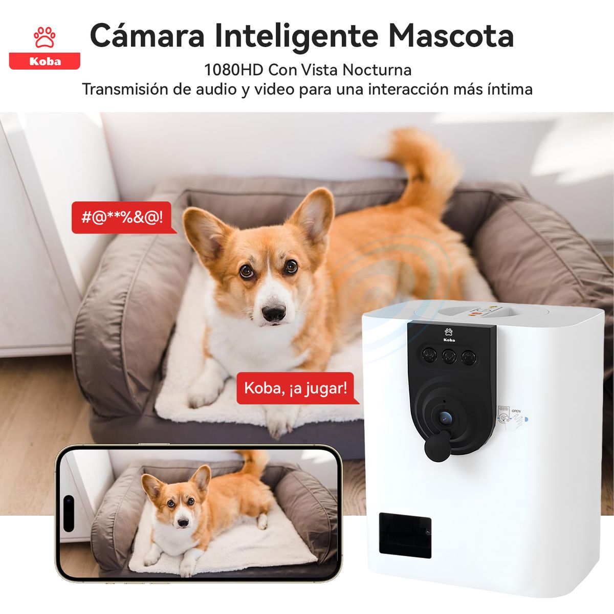 KOBA - Cámara Inteligente Mascota Con Alimentador Automático Koba