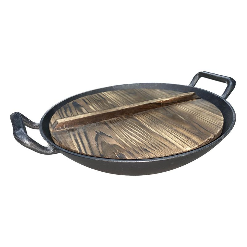 GENERICO - Wok de Hierro Fundido 28 cm de diámetro con tapa de bambú