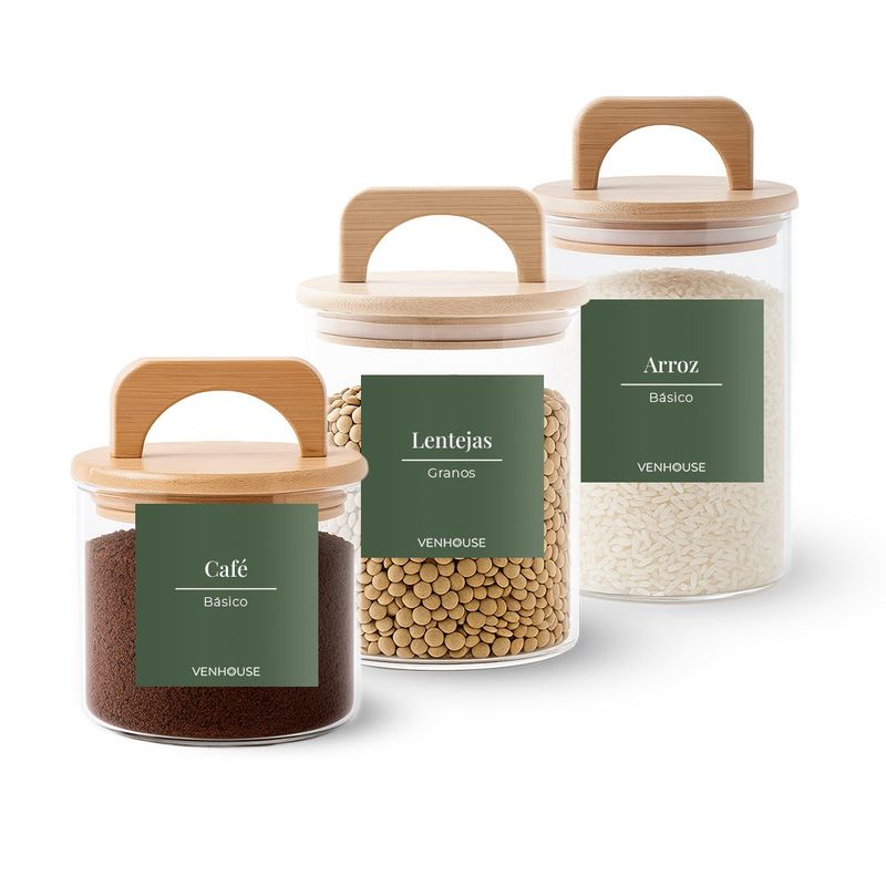 GENERICO - 3 Contenedores Herméticos Vidrio Cocina Bambú Con Asa Etiqueta Verde