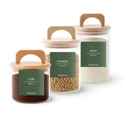GENERICO - 3 Contenedores Herméticos Vidrio Cocina Bambú Con Asa Etiqueta Verde