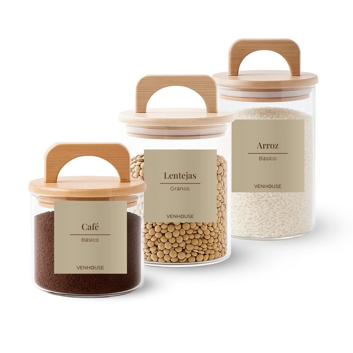 GENERICO - 3 Contenedores Herméticos Vidrio Cocina Bambú Con Asa Etiqueta Beige