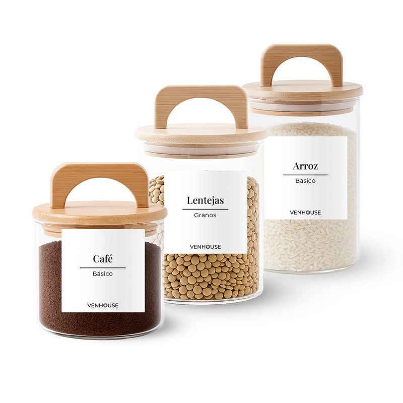GENERICO - 3 Contenedores Herméticos Vidrio Cocina Bambú Con Asa Etiqueta Blanca