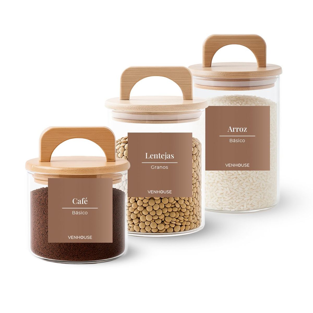 GENERICO - 3 Contenedores Herméticos Vidrio Cocina Bambú Con Asa Etiqueta Marron