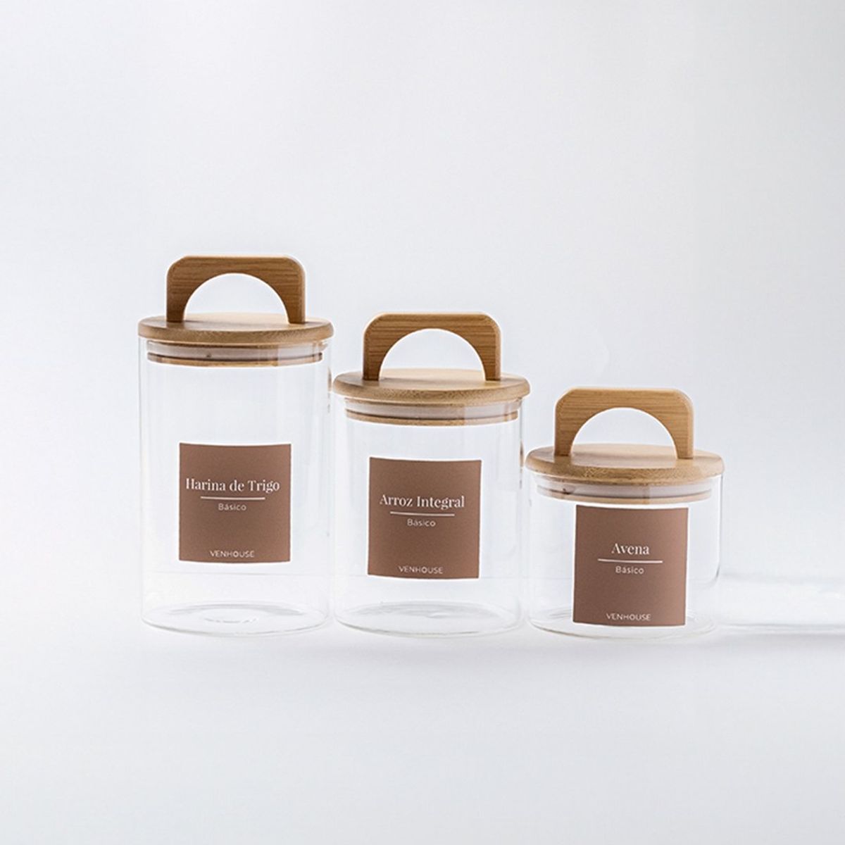 GENERICO - 3 Contenedores Herméticos Vidrio Cocina Bambú Con Asa Etiqueta Marron