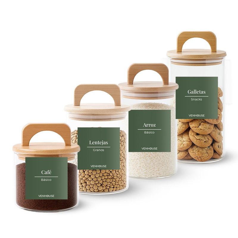 GENERICO - 4 Contenedores Herméticos Vidrio Cocina Bambú Con Asa Etiqueta Verde