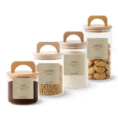 GENERICO - 4 Contenedores Herméticos Vidrio Cocina Bambú Con Asa Etiqueta Beige