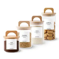 GENERICO - 4 Contenedores Herméticos Vidrio Cocina Bambú Con Asa Etiqueta Blanca