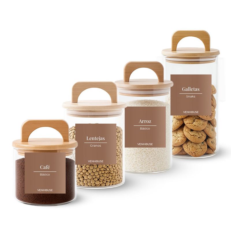 GENERICO - 4 Contenedores Herméticos Vidrio Cocina Bambú Con Asa Etiqueta Marron