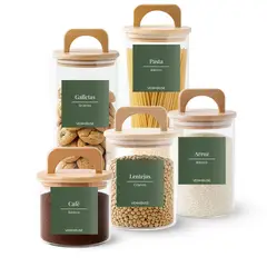 GENERICO - 5 Contenedores Herméticos Vidrio Cocina Bambú Con Asa Etiqueta Verde