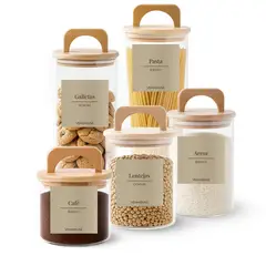 GENERICO - 5 Contenedores Herméticos Vidrio Cocina Bambú Con Asa Etiqueta Beige