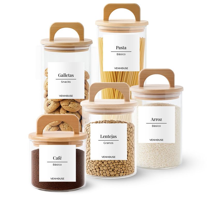 GENERICO - 5 Contenedores Herméticos Vidrio Cocina Bambú Con Asa Etiqueta Blanca
