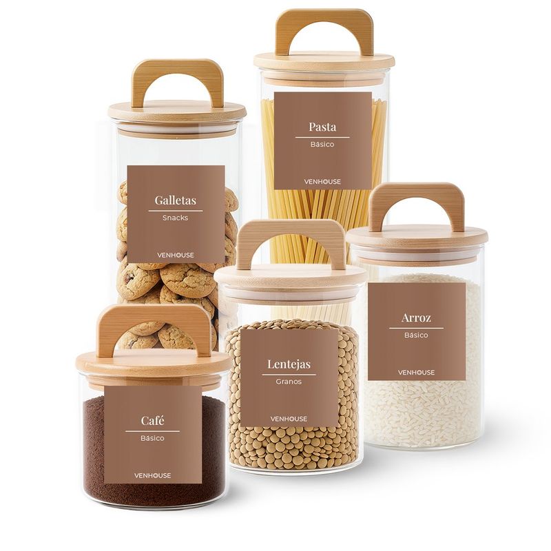 GENERICO - 5 Contenedores Herméticos Vidrio Cocina Bambú Con Asa Etiqueta Marron
