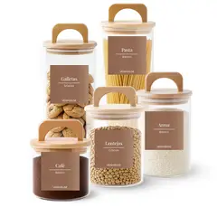 GENERICO - 5 Contenedores Herméticos Vidrio Cocina Bambú Con Asa Etiqueta Marron