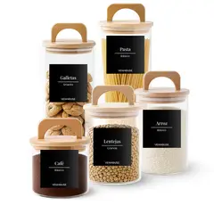 GENERICO - 5 Contenedores Herméticos Vidrio Cocina Bambú Con Asa Etiqueta Negra