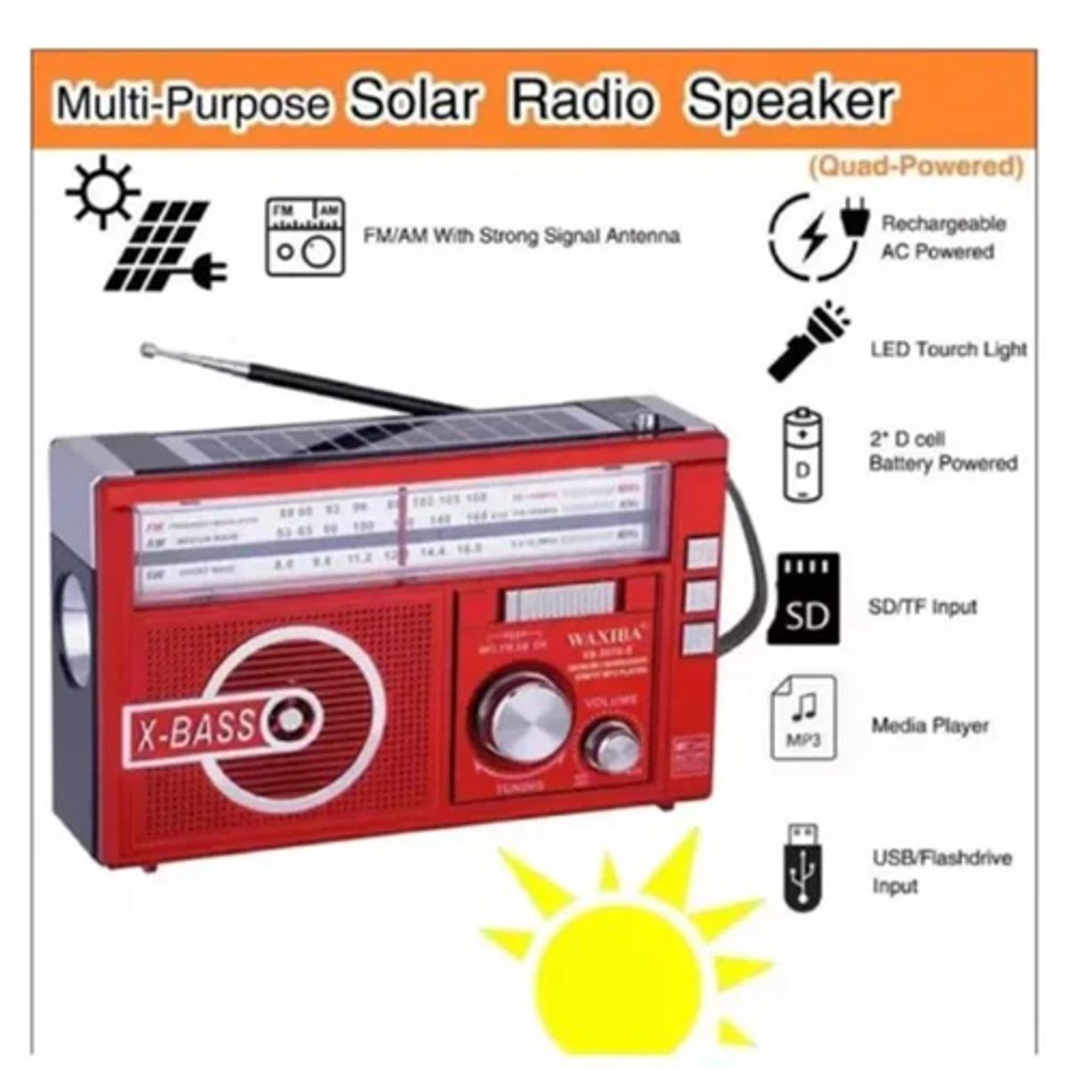 MOVI - RADIO FM-AM CON CARGADOR SOLAR Y BATERIA RECARGABLE DE EMERGENCIA
