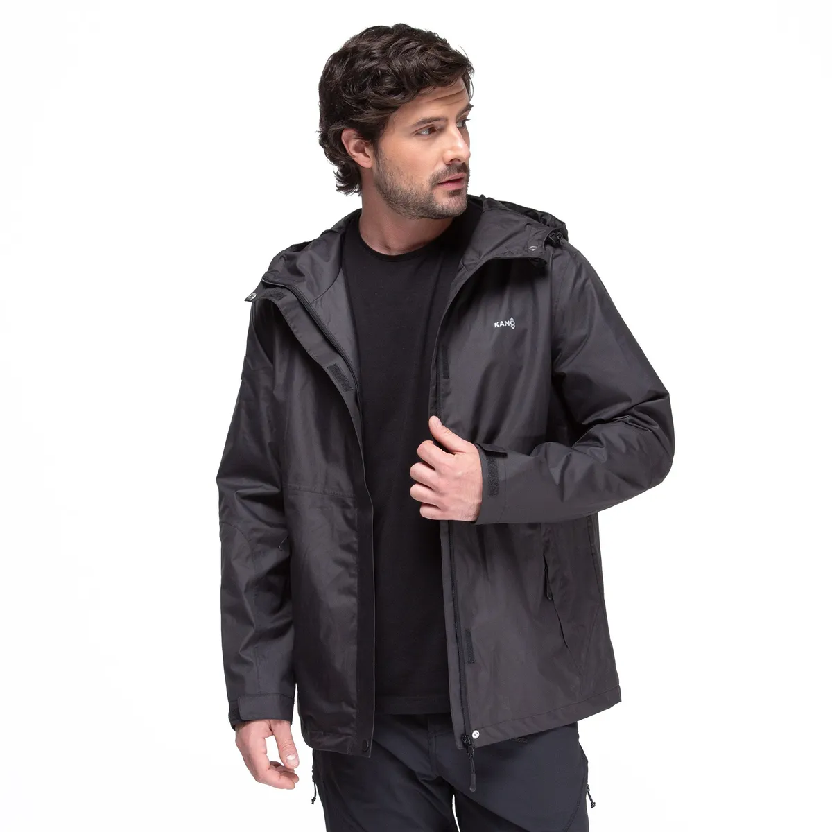 KANO - Chaqueta Cortavientos Impermeable Hombre Negro con Gorro