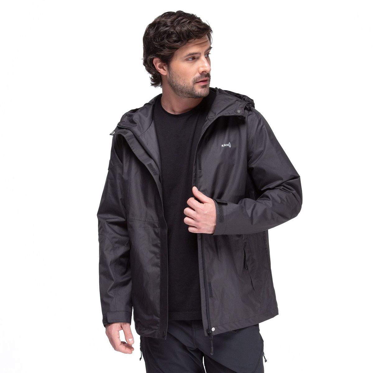 KANO - Chaqueta Cortavientos Impermeable Hombre Negro con Gorro