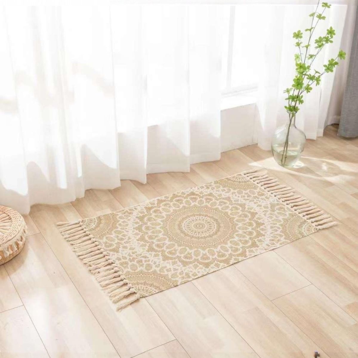 ANGELES DEL HOGAR - ALFOMBRA PEQUEÑA DE LINO Y ALGODÓN DE ESTILO NÓRDICO Y BOHEMIO 60X90CM