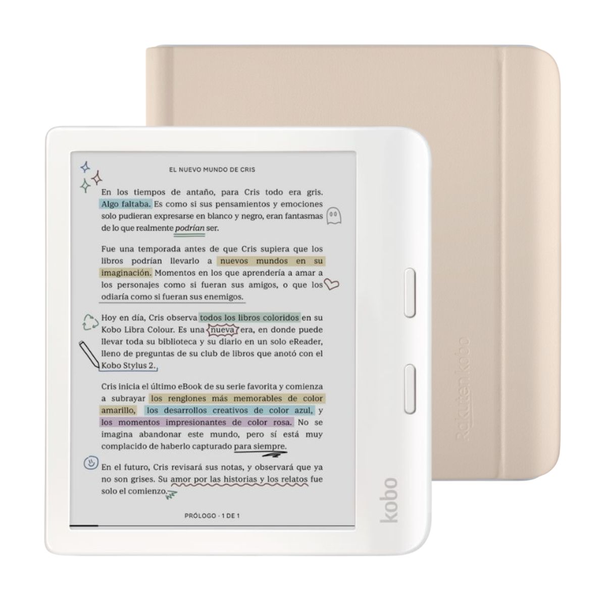 KOBO - Lector E-Reader Kobo Libra Colour Blanco con Funda Notebook SleepCover Beige