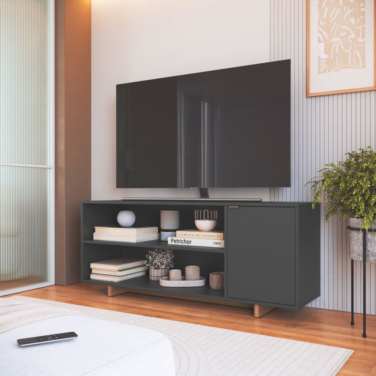BE DESIGN - Rack Con 2 Espacios + Puerta Para TV De 50¨ Gris